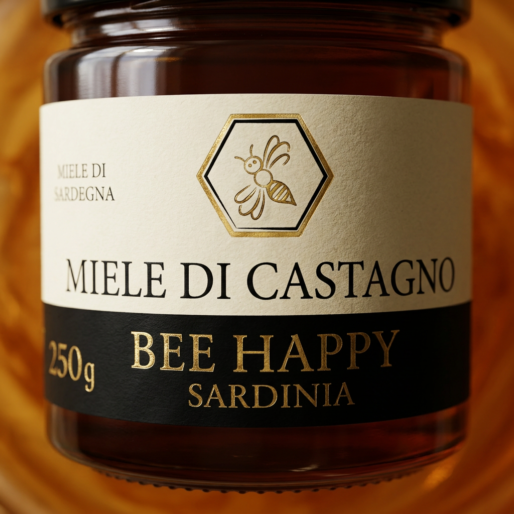 Barattolo di miele di castagno ambrato scuro con riflessi dorati tipico della Sardegna