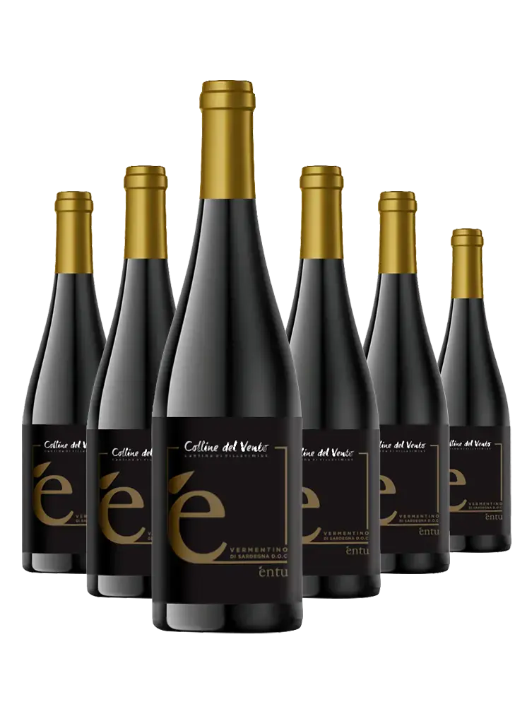 Confezione da 6 bottiglie di Entu Vermentino di Sardegna DOC con etichetta nera, dettagli oro e capsule dorate, vino elegante.