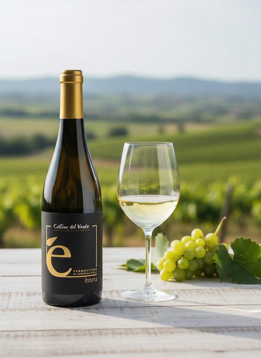 Bottiglia di vino artigianale Vermentino di Sardegna DOC Entu con etichetta elegante su sfondo bianco