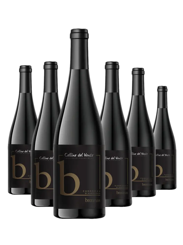 Sei bottiglie di vino rosso Brennas Cannonau di Sardegna DOC con etichetta nera e carattere intenso, confezione da 6.