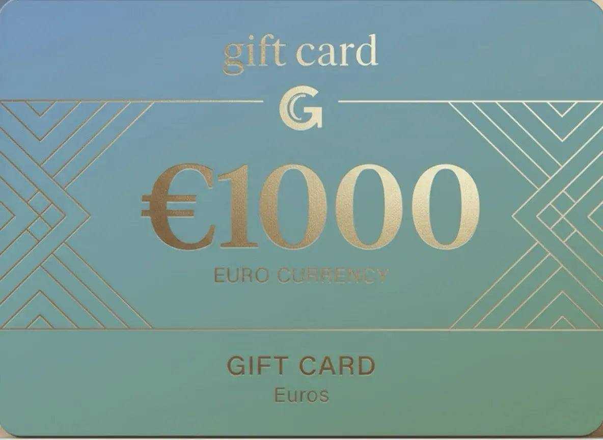 Buono regalo color verde acqua con scritte dorate, valore di 1000 euro e decorazioni geometriche eleganti