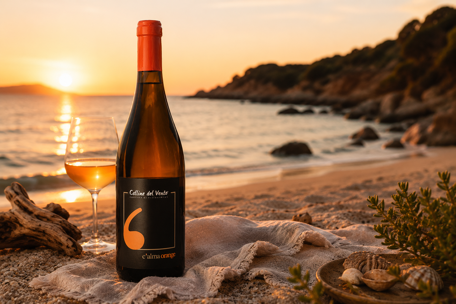 una bottiglia di Calma orange wine nella spiaggia di Porto Giunco
