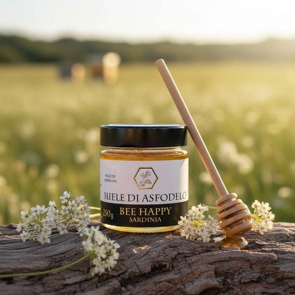 Barattolo di miele di asfodelo chiaro e cremoso, raro miele mediterraneo della Sardegna