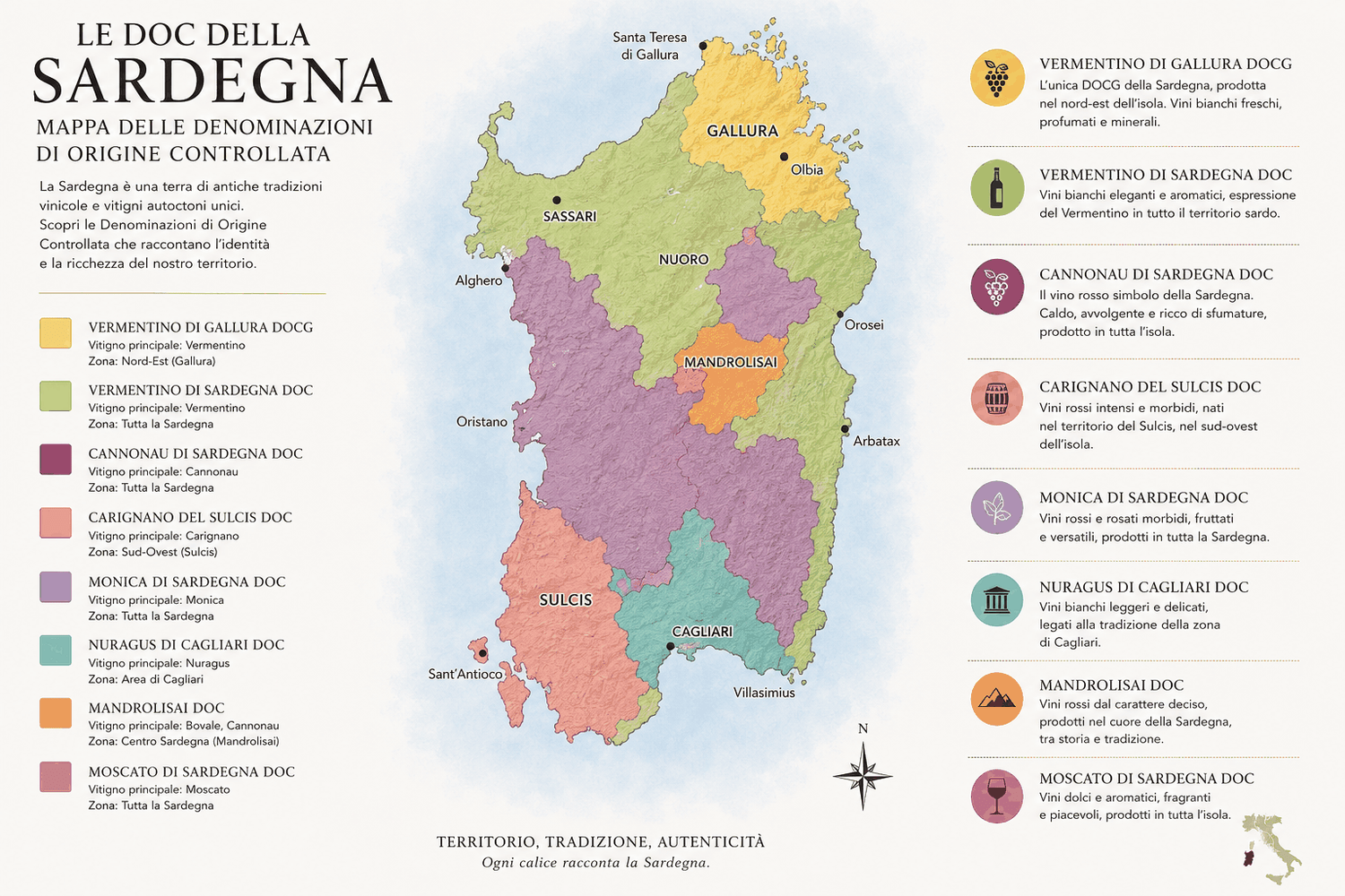 Bottiglie di vino DOC Sardegna con etichette tradizionali in cantina tipica sarda