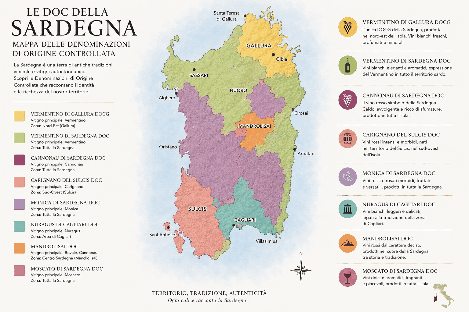 Bottiglie di vini DOC della Sardegna con etichette tipiche e panorama vinicolo isolano