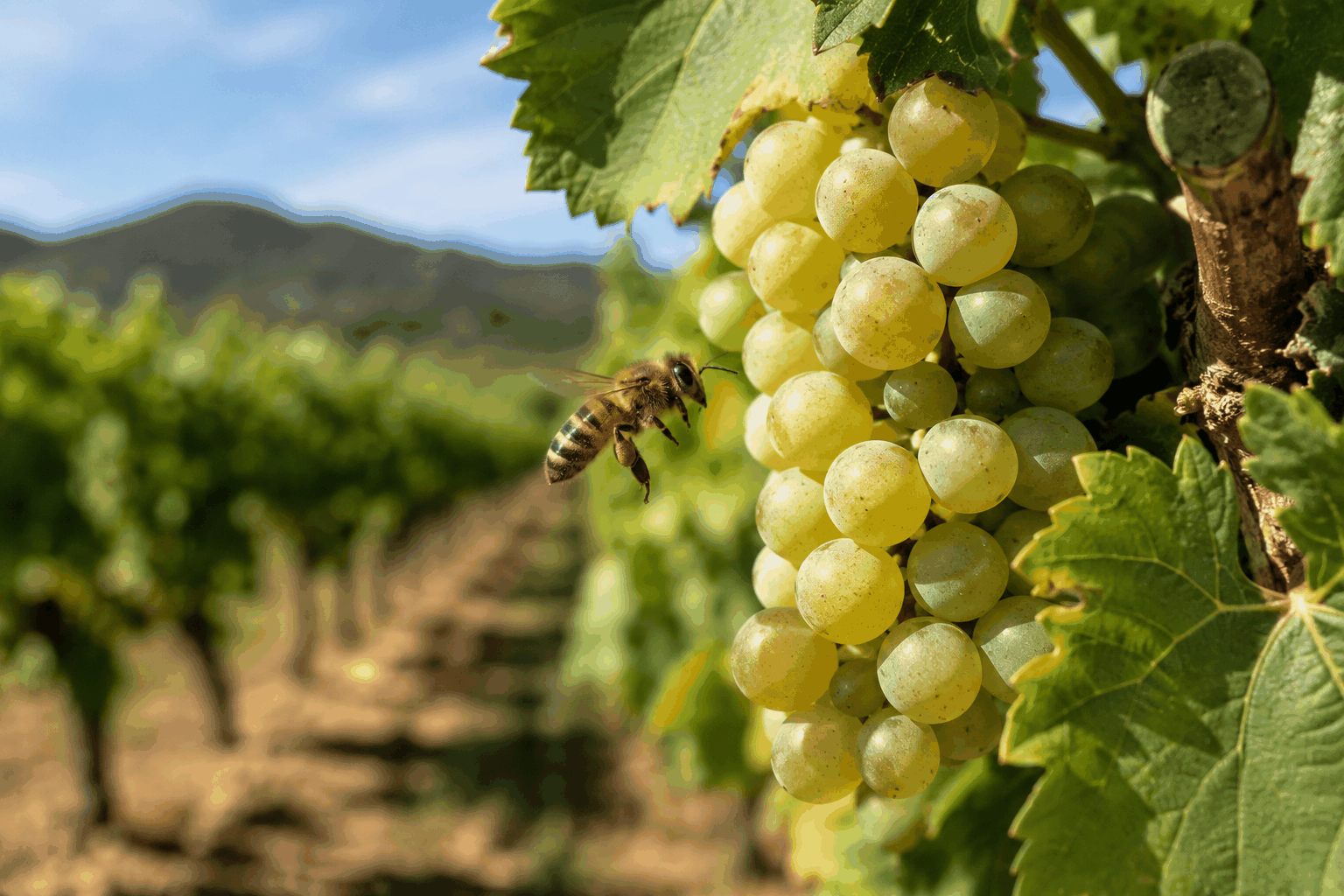 Ape dorata su grappolo d'uva in vigneto al tramonto, mostrando il ruolo delle api nell'impollinazione delle viti.