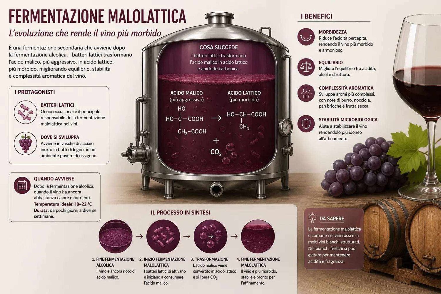Diagram illustrating the chemical process and effects of fermentazione malolattica in wine production