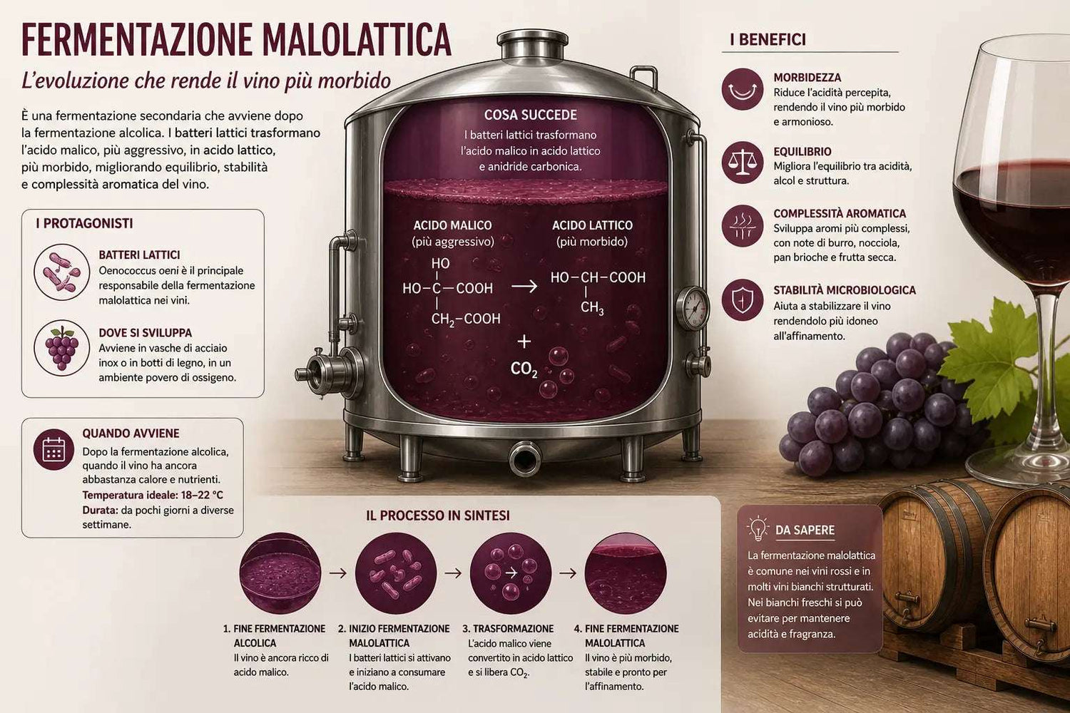 Diagram illustrating the chemical process and effects of fermentazione malolattica in wine production