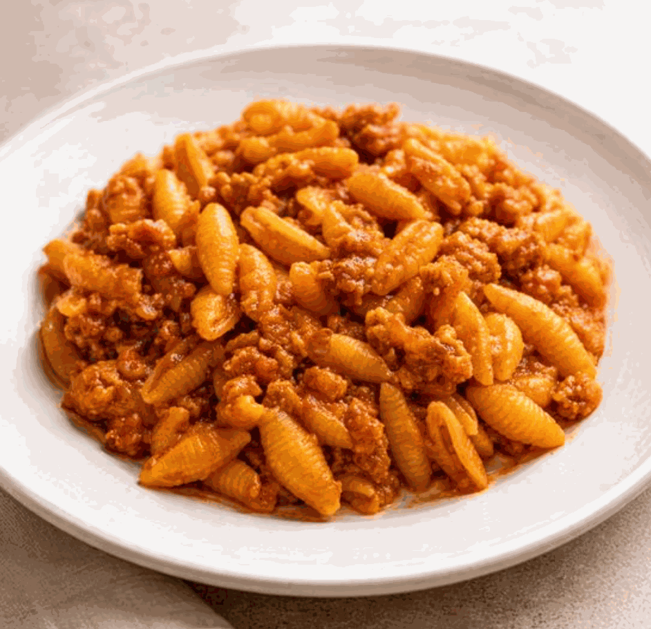 Malloreddus alla Campidanese pasta with sausage tomato saffron sauce and pecorino cheese on white plate