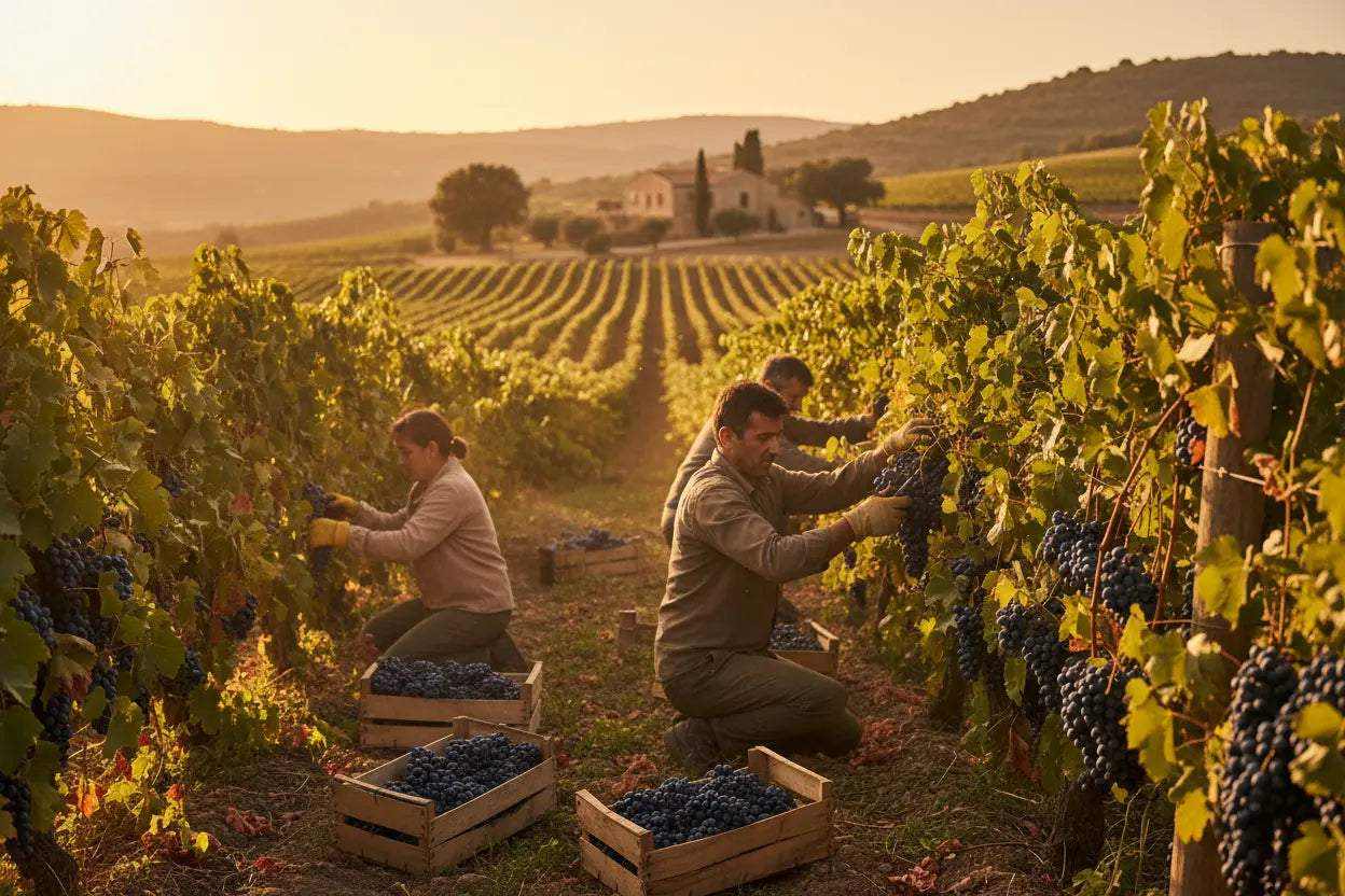 Vendemmia manuale delle uve mature nelle vigne di Villasimius in settembre