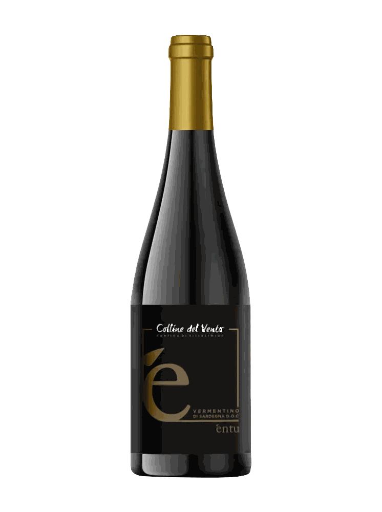 Bottiglia di vino Entu Vermentino di Sardegna DOC su sfondo bianco, vino bianco artigianale sardo, etichetta elegante e minimalista