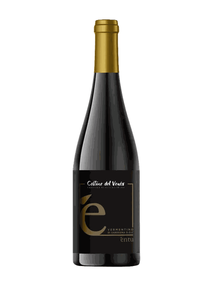 Bottiglia di vino Entu Vermentino di Sardegna DOC su sfondo bianco, vino bianco artigianale sardo, etichetta elegante e minimalista