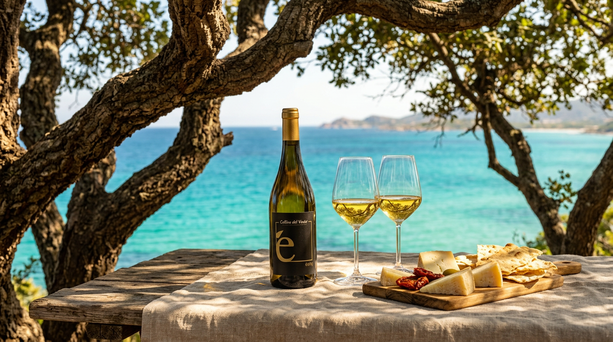 Una bottiglia di vermentino di sardegna doc di Entu in spiaggia a villasimius