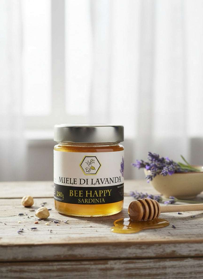 Barattolo di miele di lavanda giallo dorato con consistenza cremosa, proveniente dalla Sardegna mediterranea