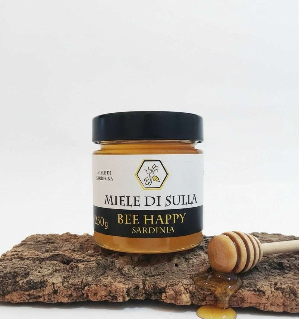 Vaso di miele di Sulla prodotto dalle api in Sardegna da fiori spontanei di Hedysarum coronarium
