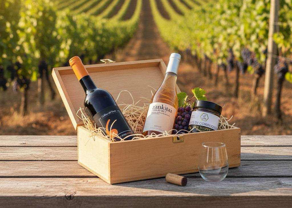 Box degustazione in cassetta di legno con due bottiglie di vino e un barattolo di miele artigianale