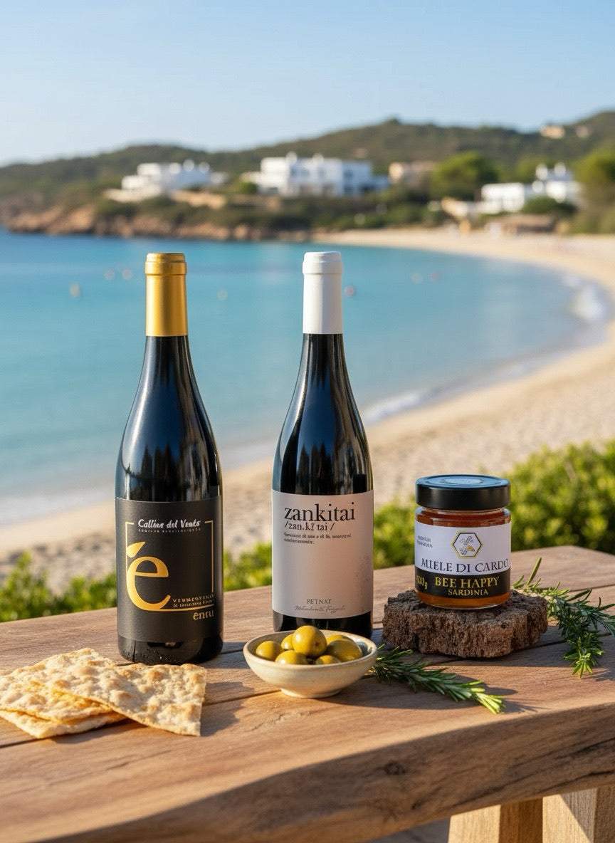 Box degustazione con due bottiglie di vino, miele in vasetto e olive, accompagnati da cracker e rametti aromatici