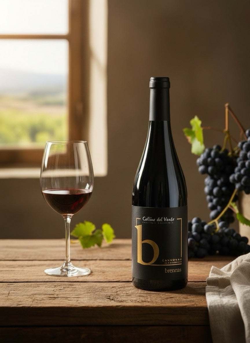 Bottiglia di Brennas Cannonau di Sardegna vino rosso granato intenso con etichetta D.O.C.