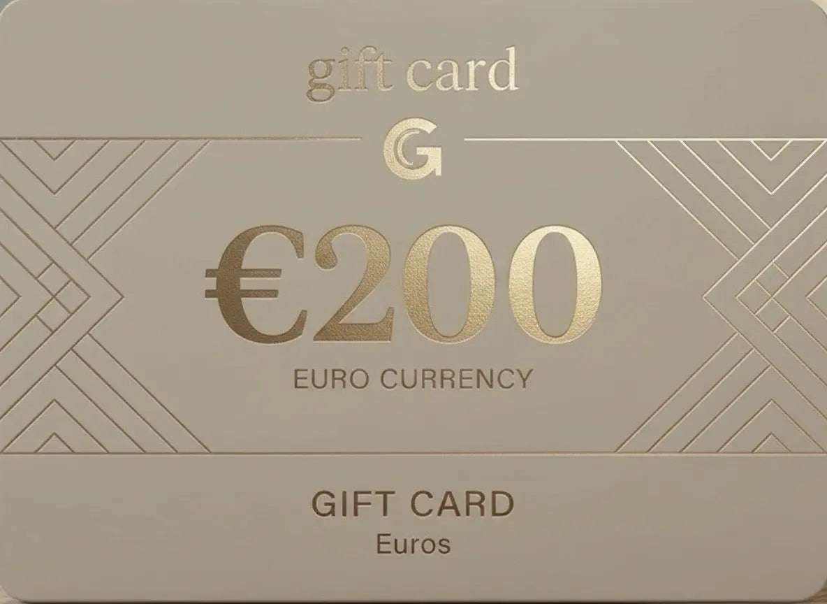 Buono regalo color beige con scritte dorate, valore di 200 euro e decorazioni geometriche lineari