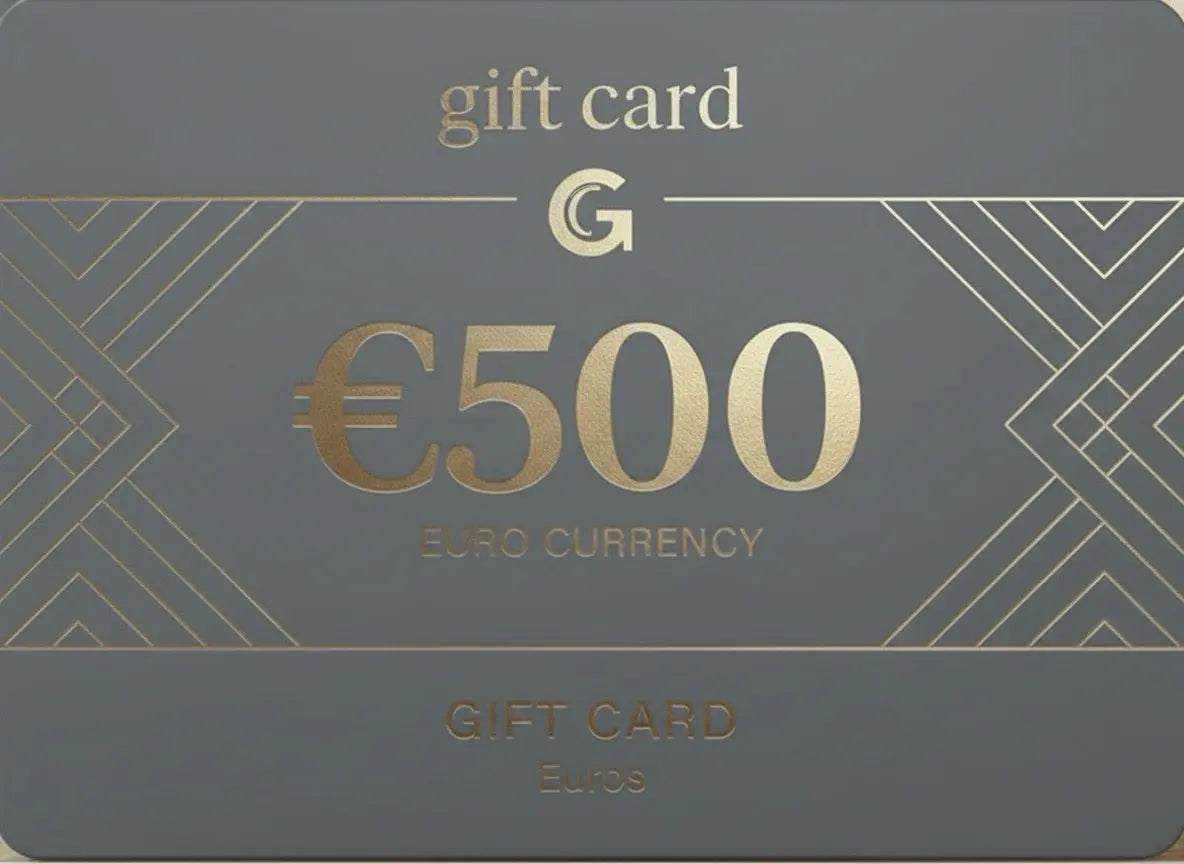 Buono regalo grigio con scritte dorate, importo di 500 euro e decorazioni geometriche lineari