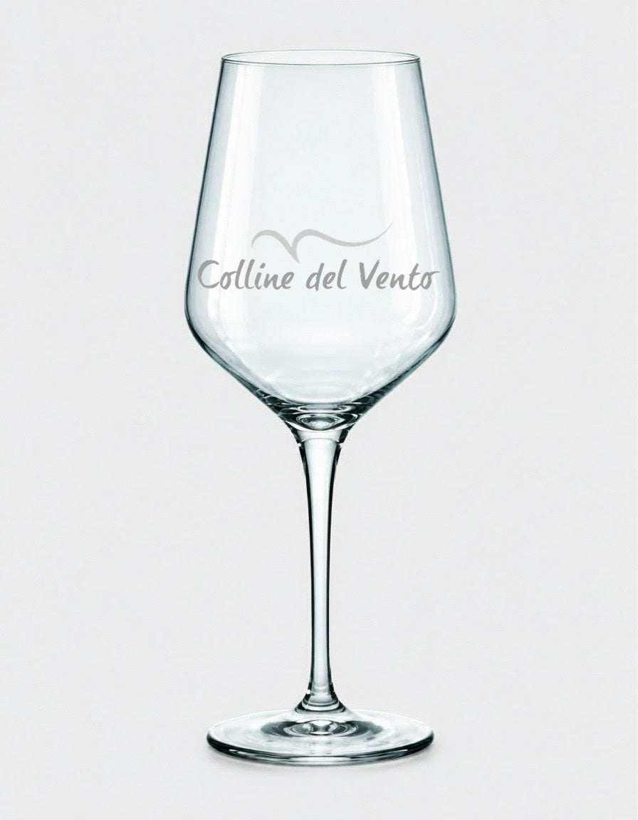 Calici personalizzati da vino in vetro trasparente, con stelo sottile e logo Colline del Vento stampato sul calice