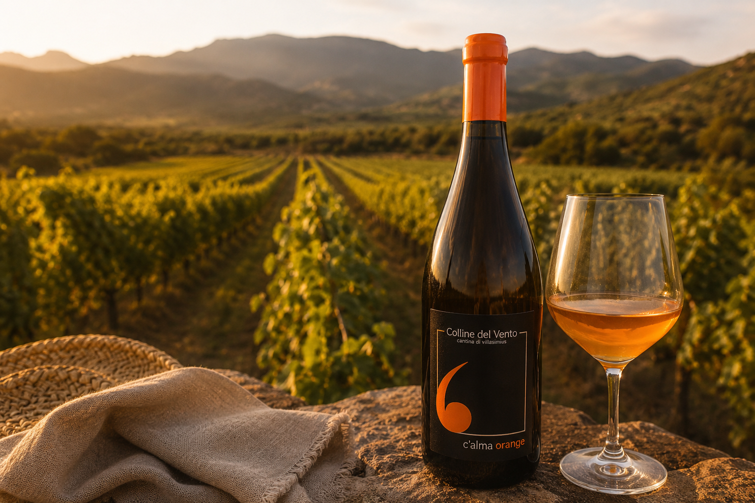 bottiglie di orange wine calma nelle vigne di Villasimius