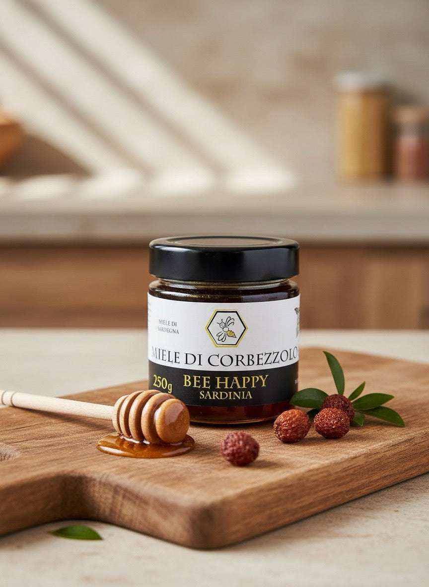 Barattolo di miele di corbezzolo ambrato e naturale con coperchio ermetico