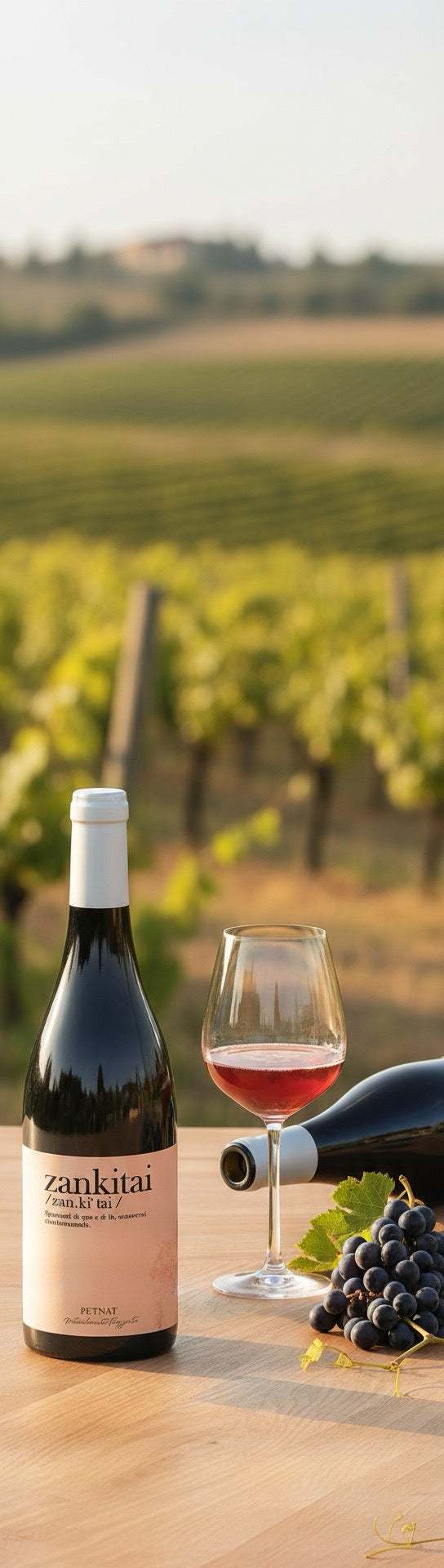 Bottiglia di Zankitai Pet Nat Orange metodo ancestrale con bollicine fini e colore arancione